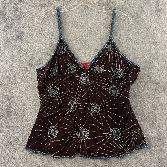 Aftershock Tops - Aftershock Beaded Camisole Top Womens XL Brown Sunburst Spaghetti Strap V Neck